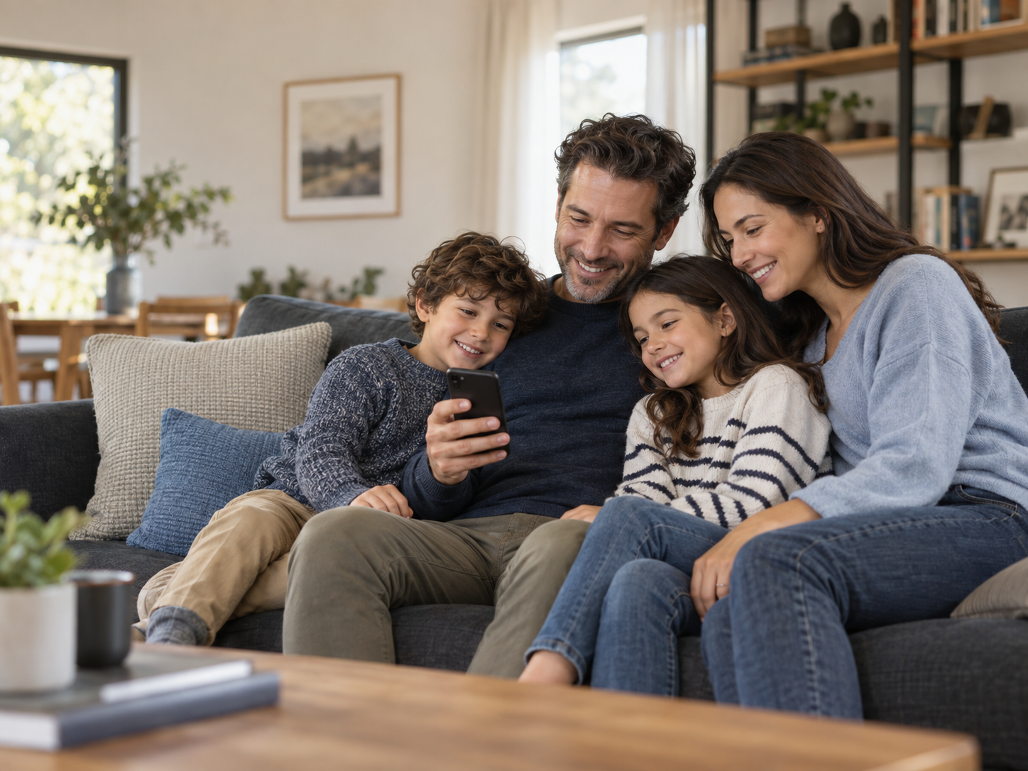 A happy international family using a smartphone together