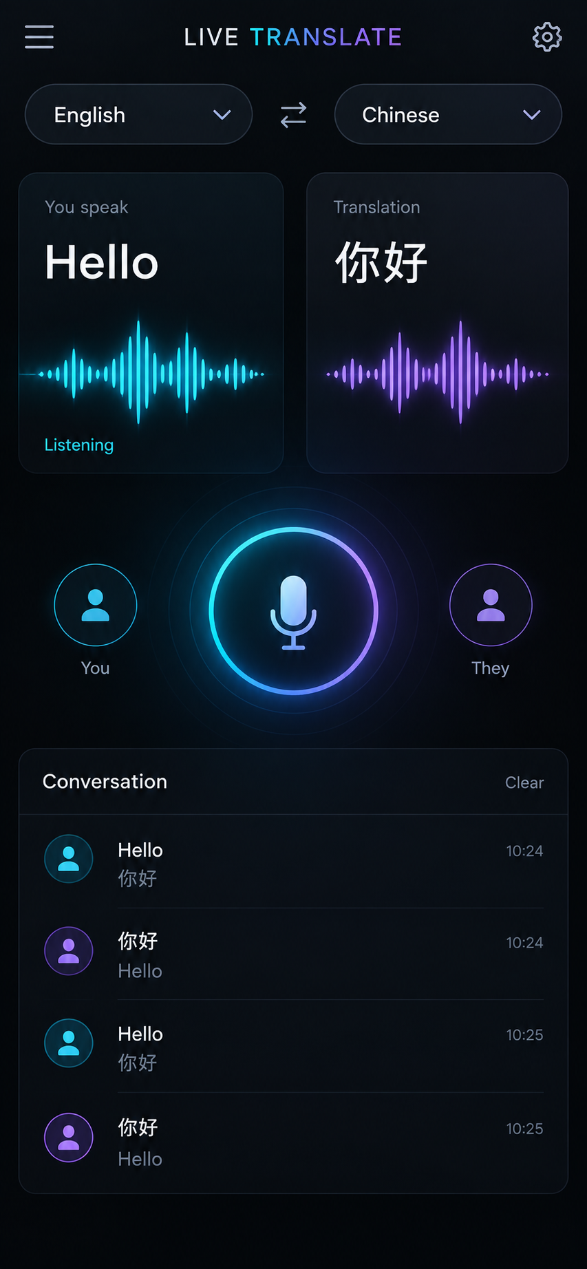 Black theme real-time translator app interface